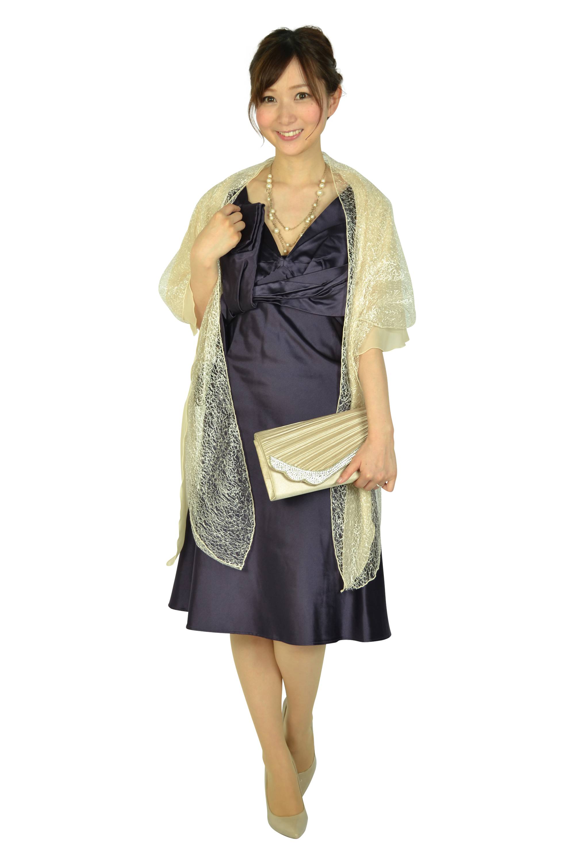 Vネックダークパープルシルクドレス