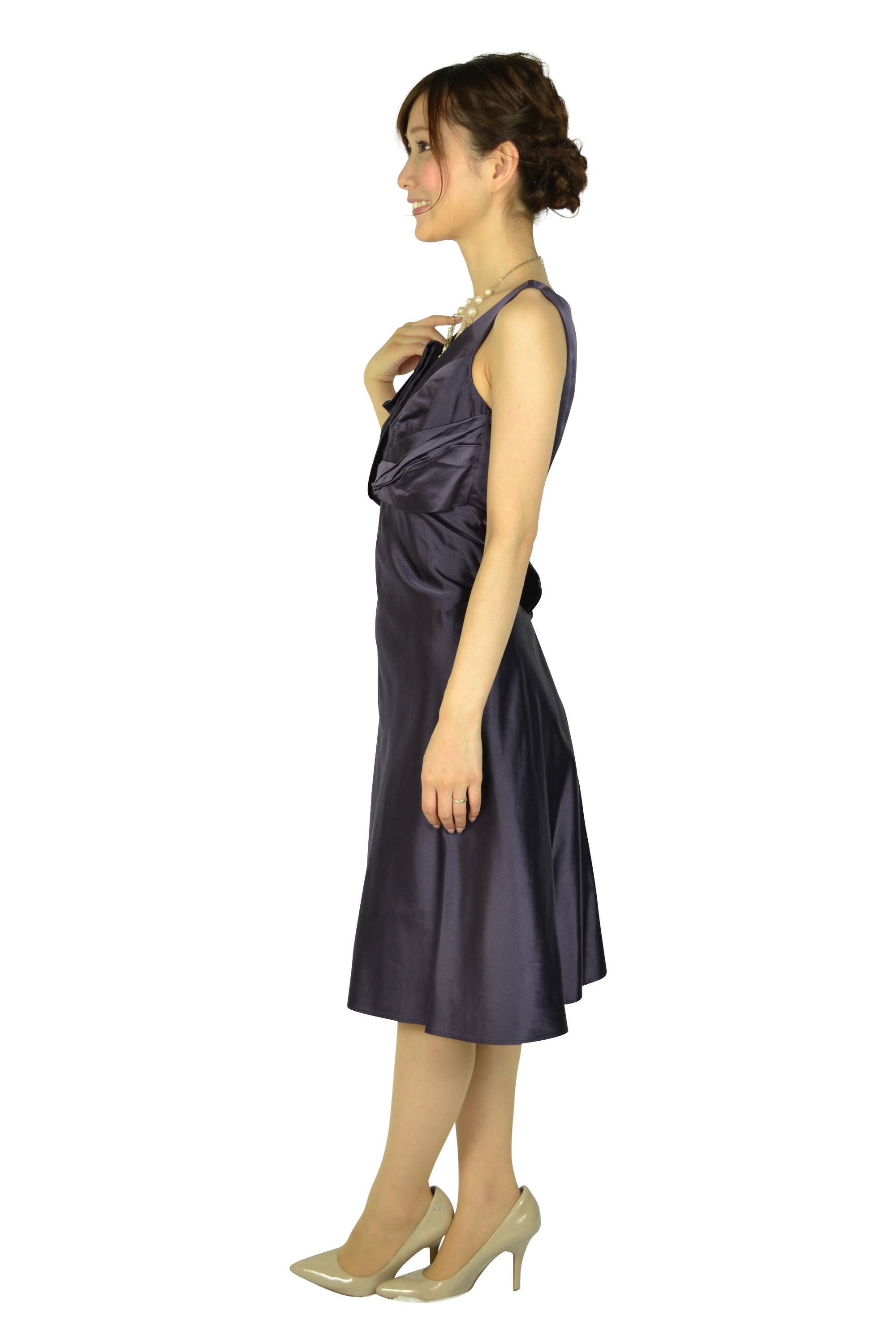 Vネックダークパープルシルクドレス