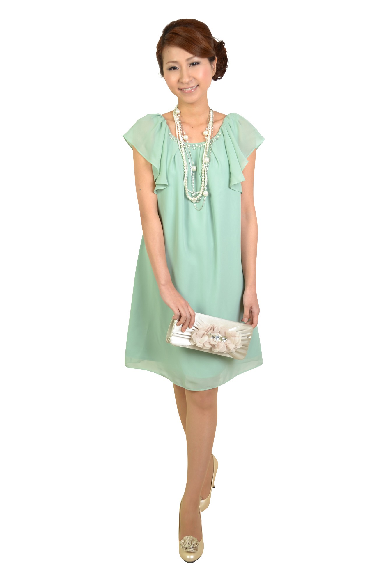 ミントミニ袖フリルドレス