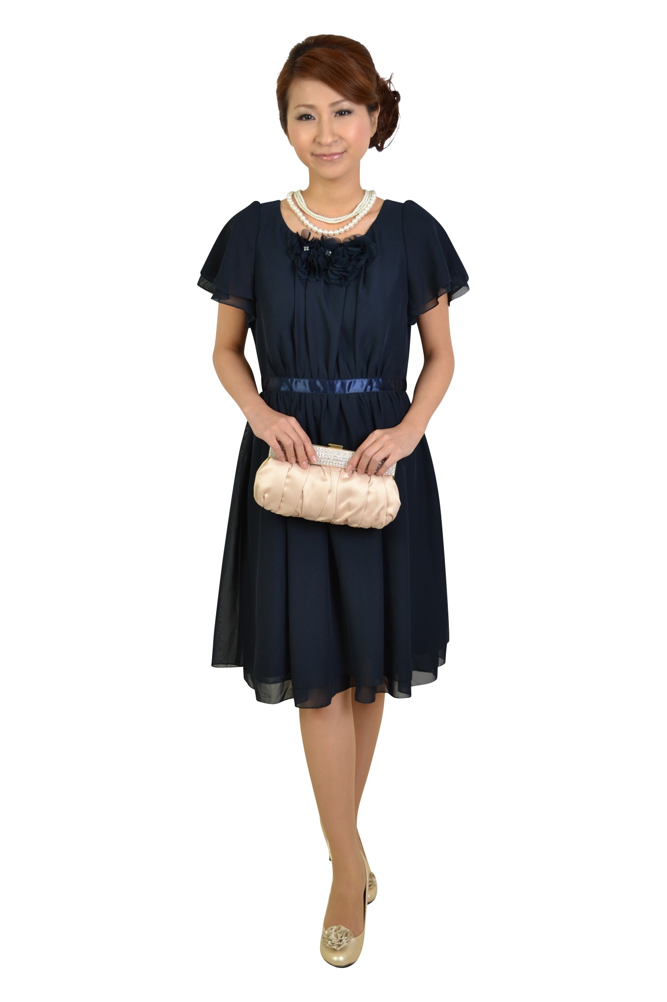 ふんわりミニ袖ネイビードレス