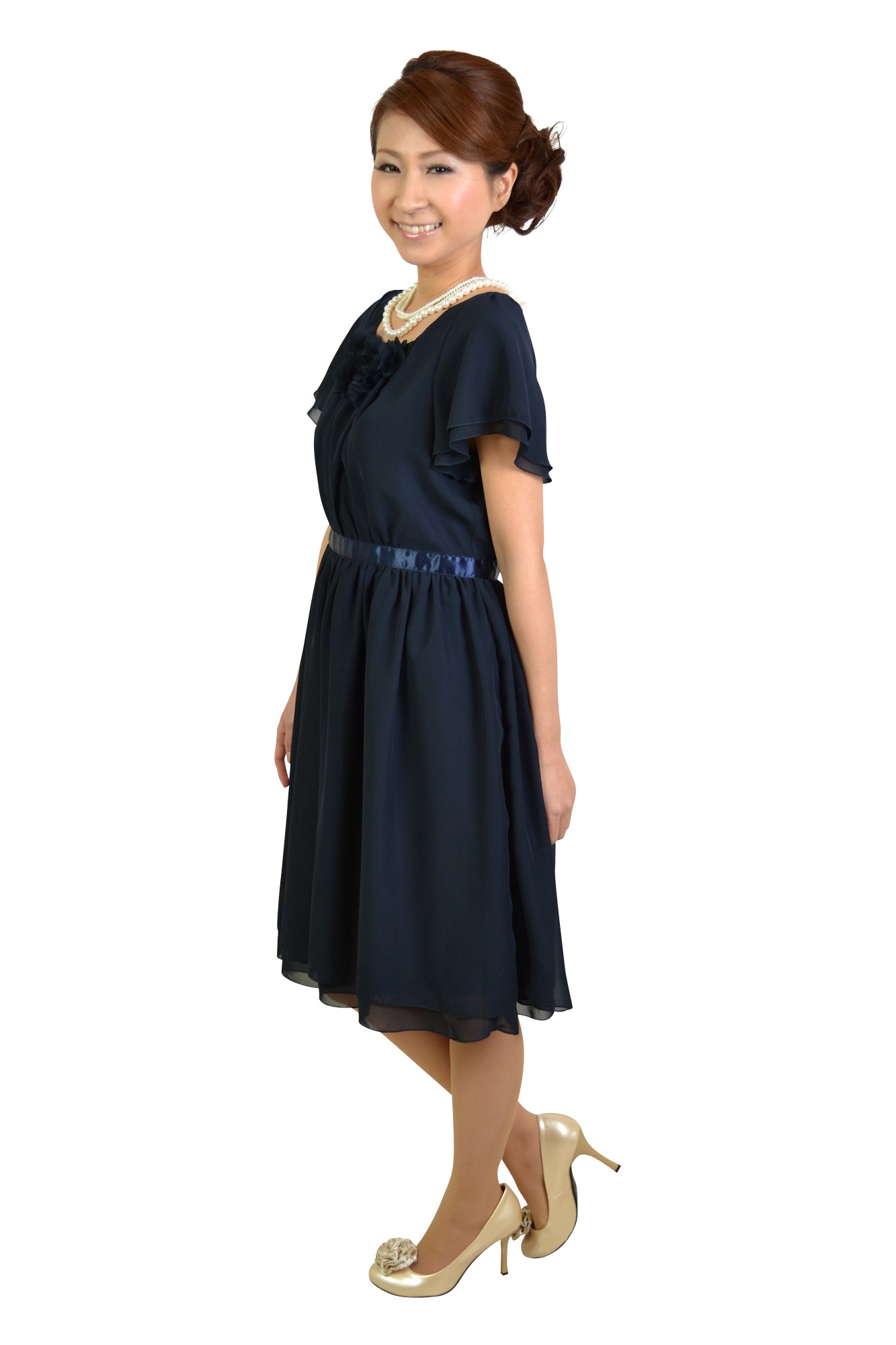 ふんわりミニ袖ネイビードレス