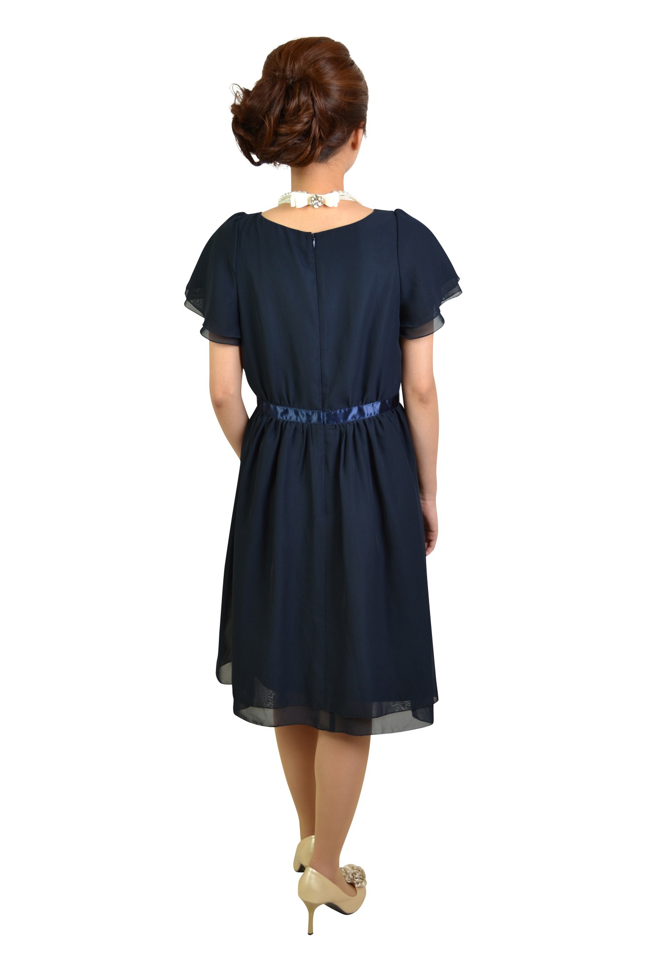 ふんわりミニ袖ネイビードレス