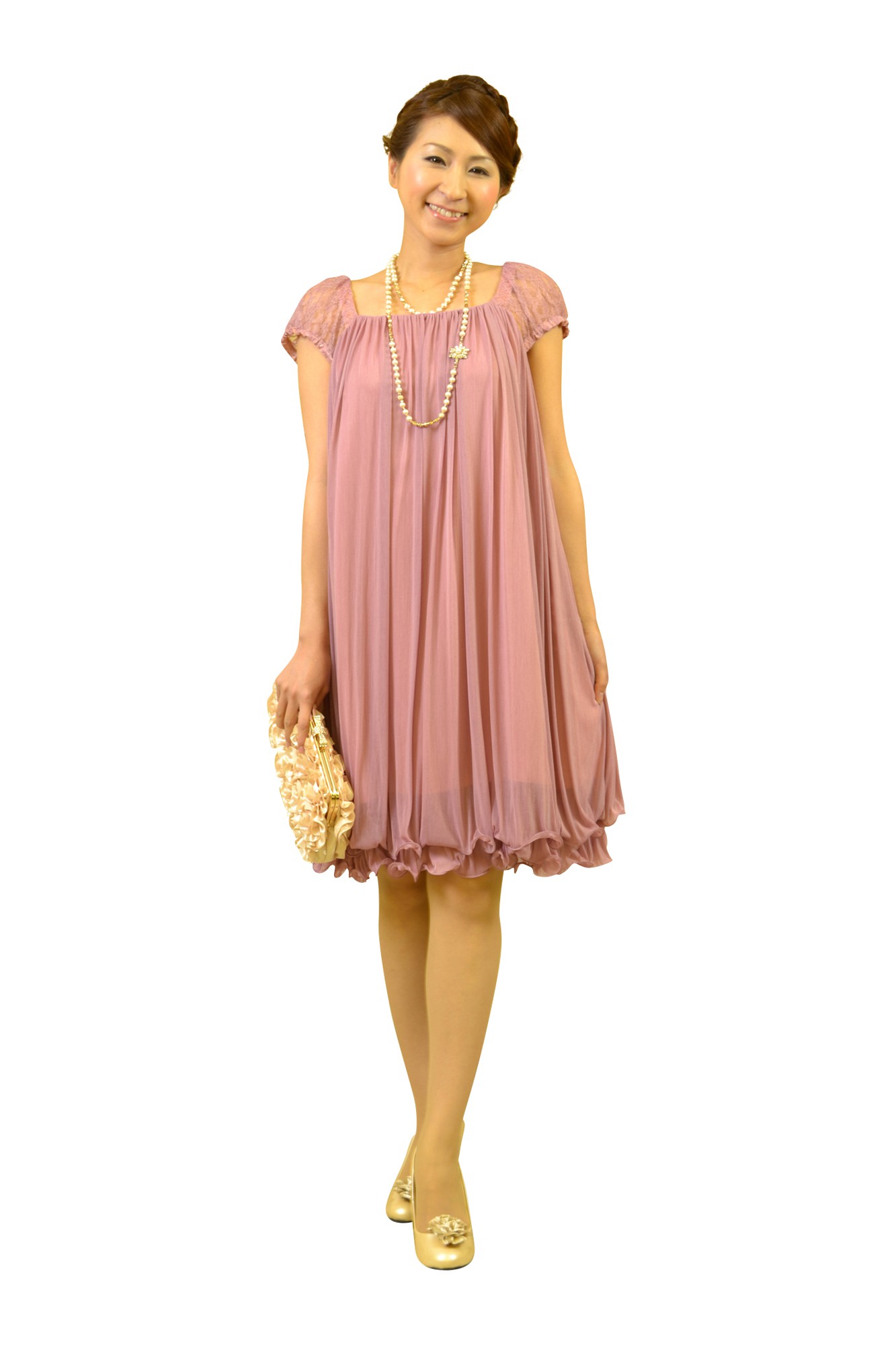 肩レースふんわりピンクドレス