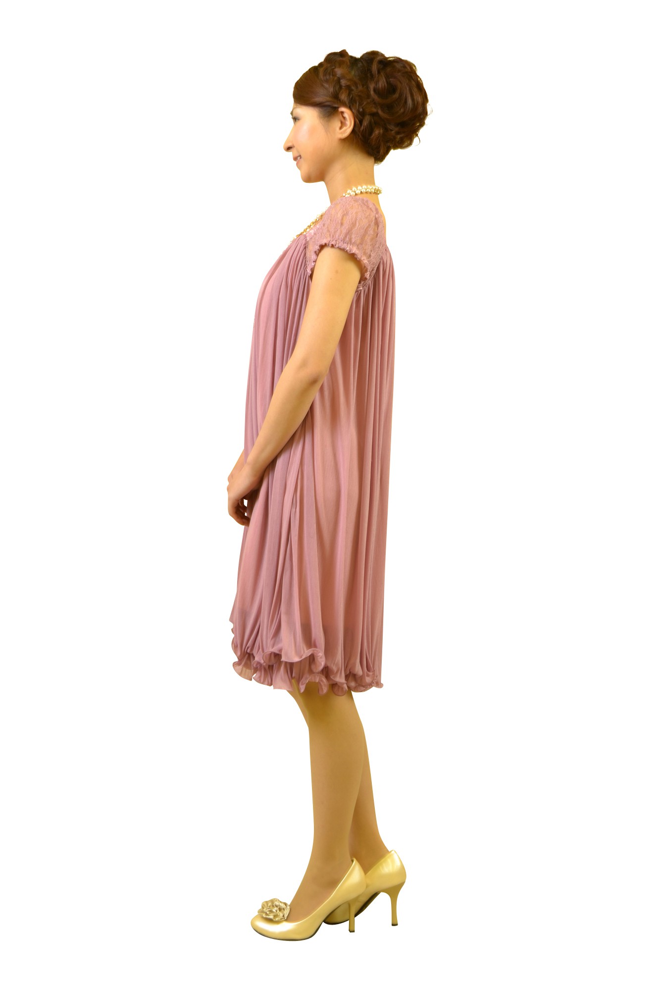 肩レースふんわりピンクドレス