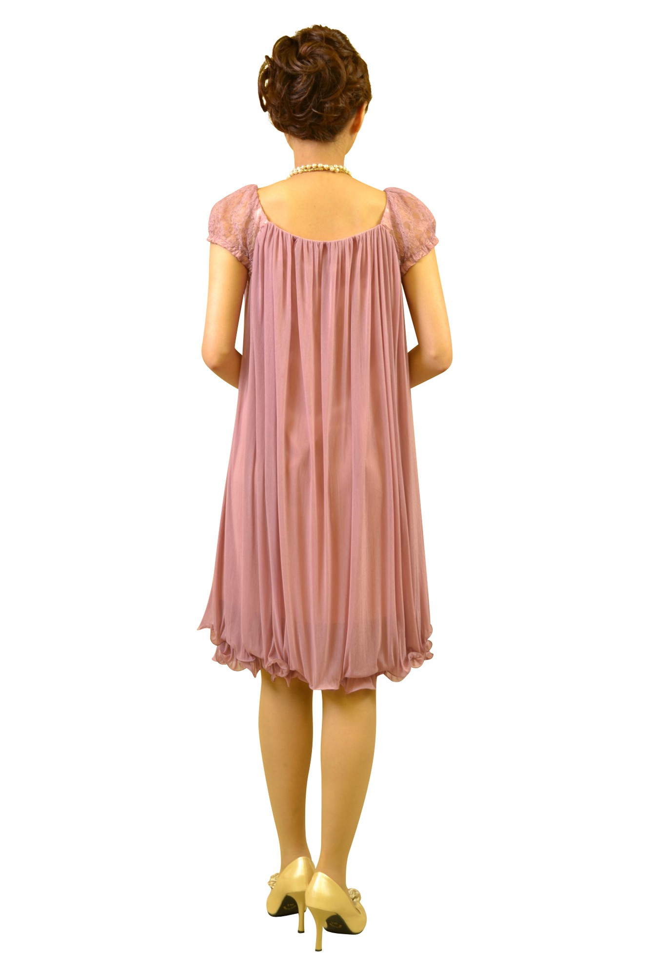 肩レースふんわりピンクドレス