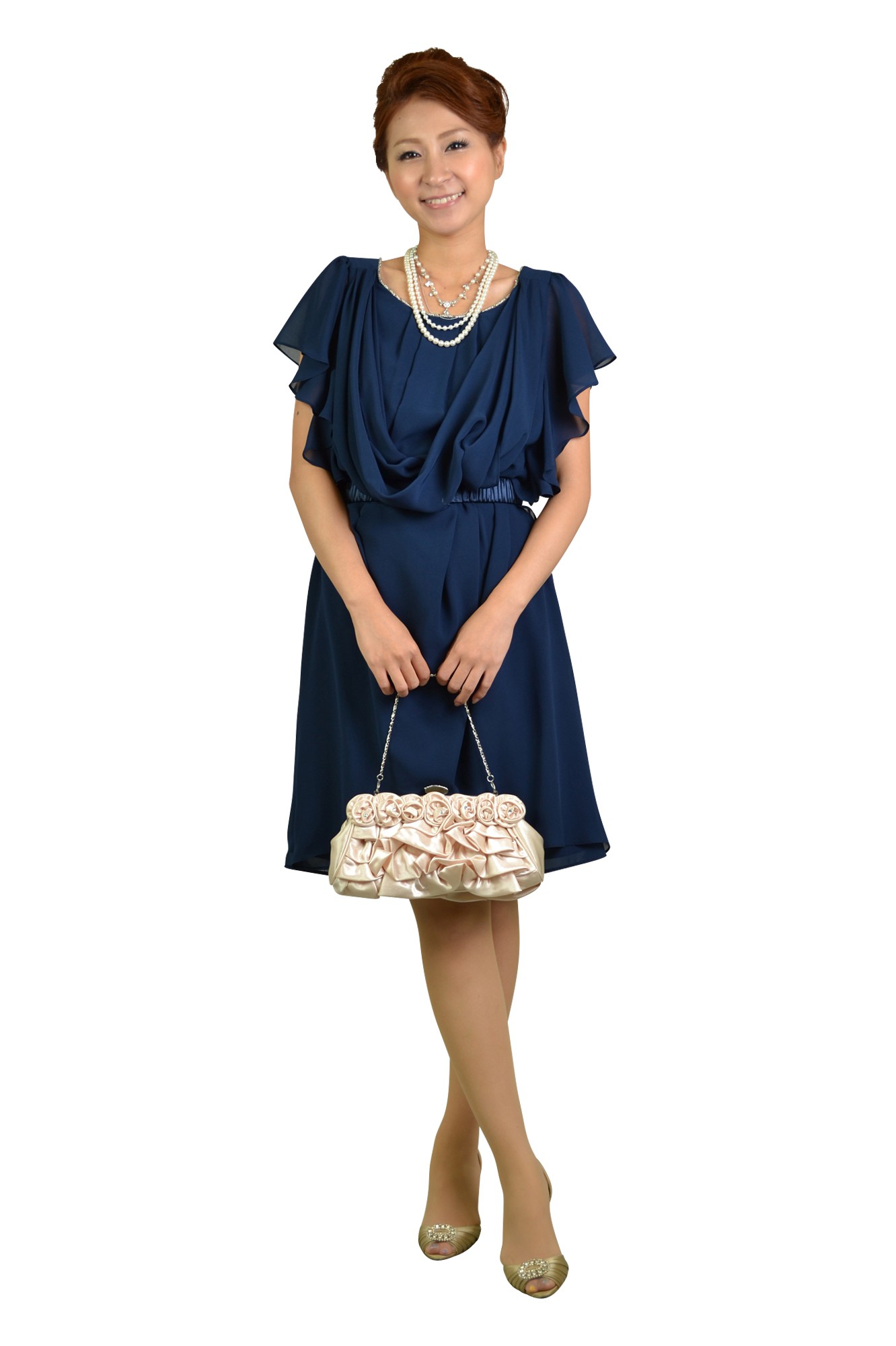 ネイビーウエストマークミニ袖ドレス