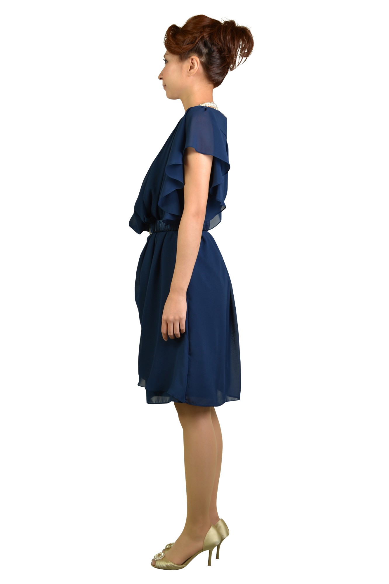 ネイビーウエストマークミニ袖ドレス