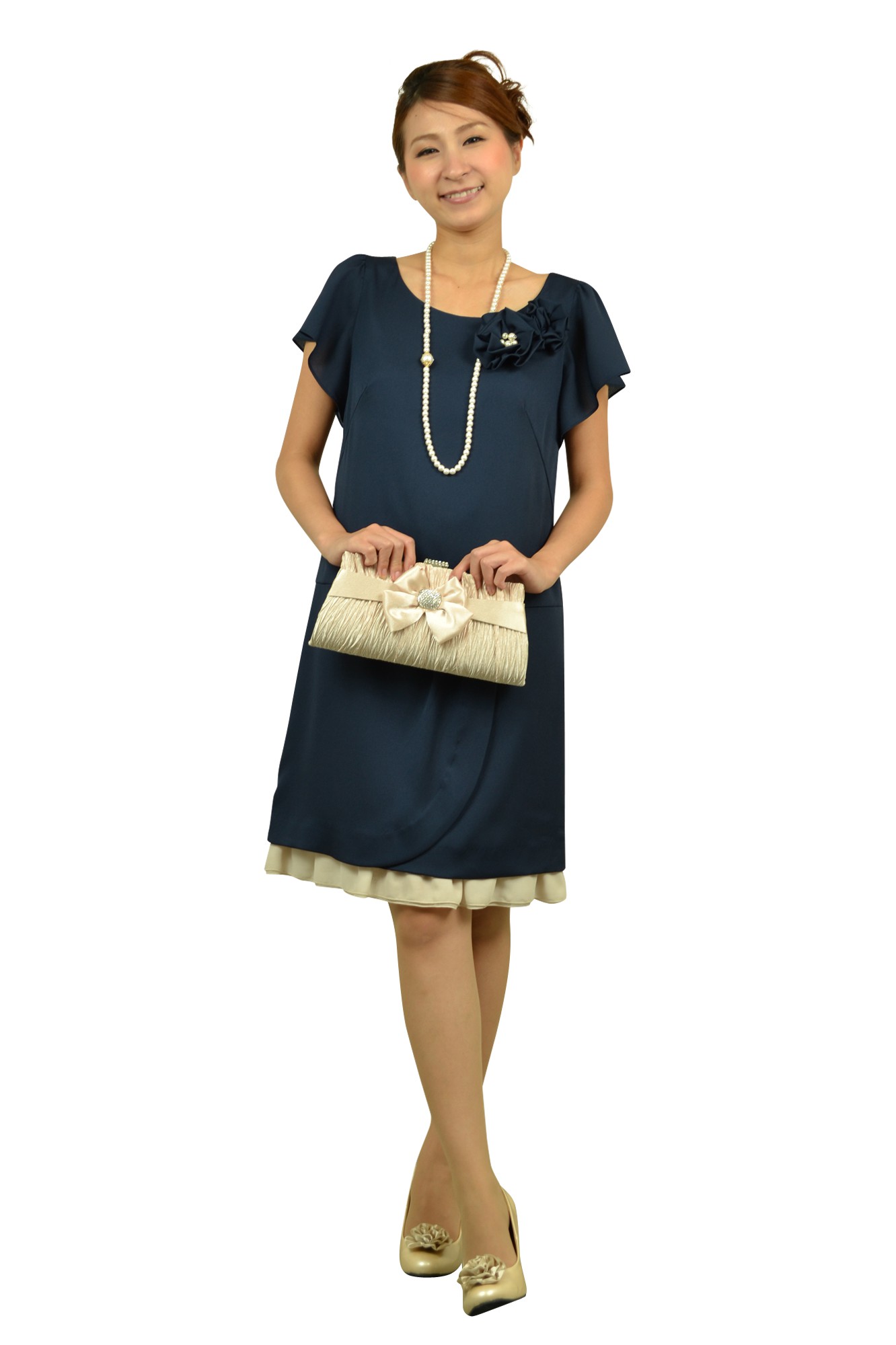 コサージュ付き半袖ネイビードレス