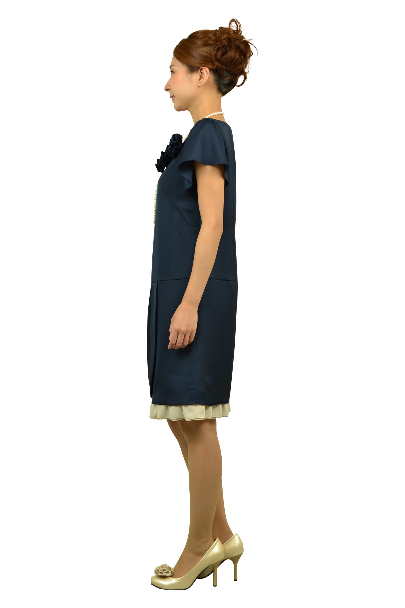 コサージュ付き半袖ネイビードレス