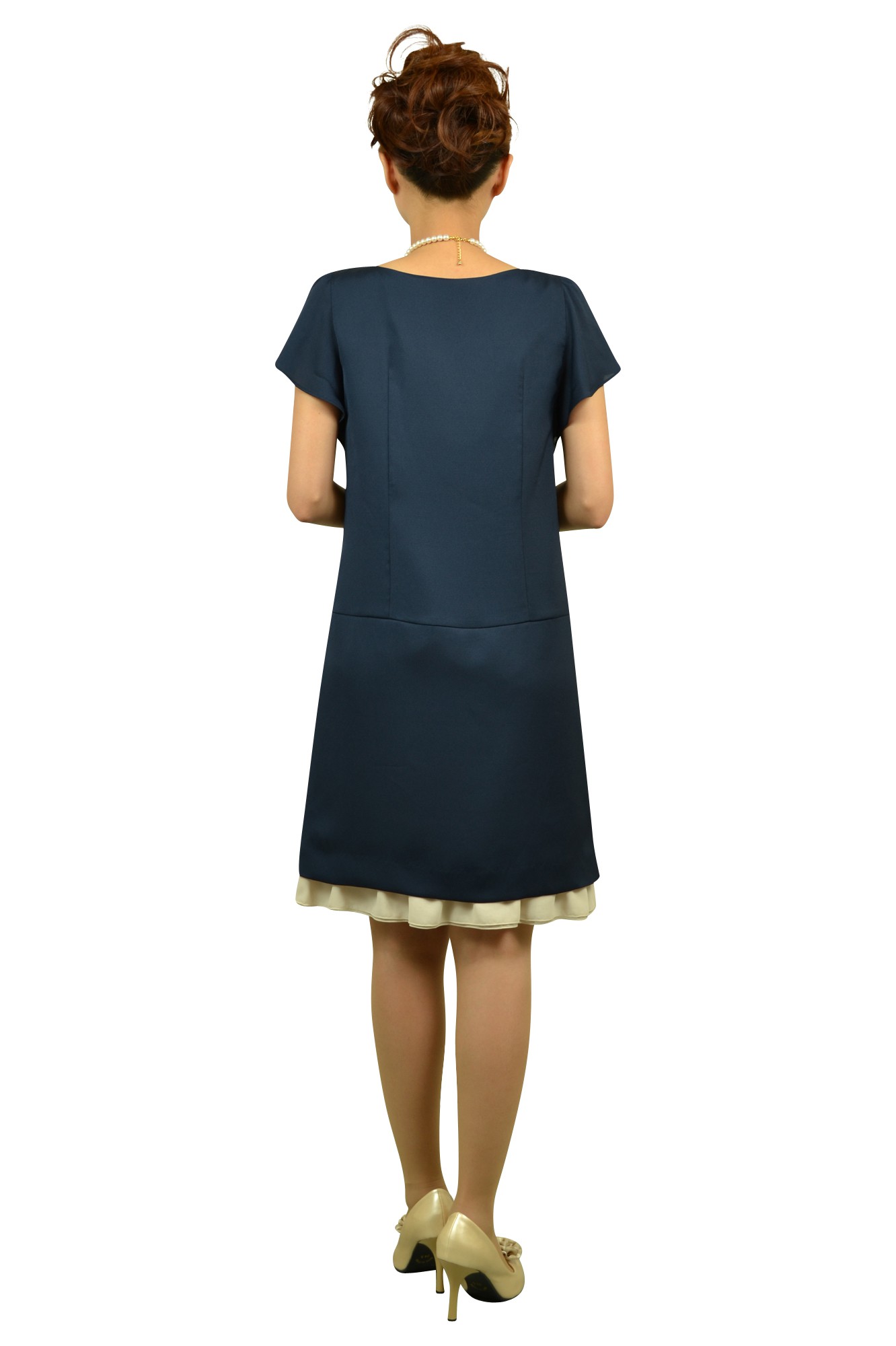 コサージュ付き半袖ネイビードレス