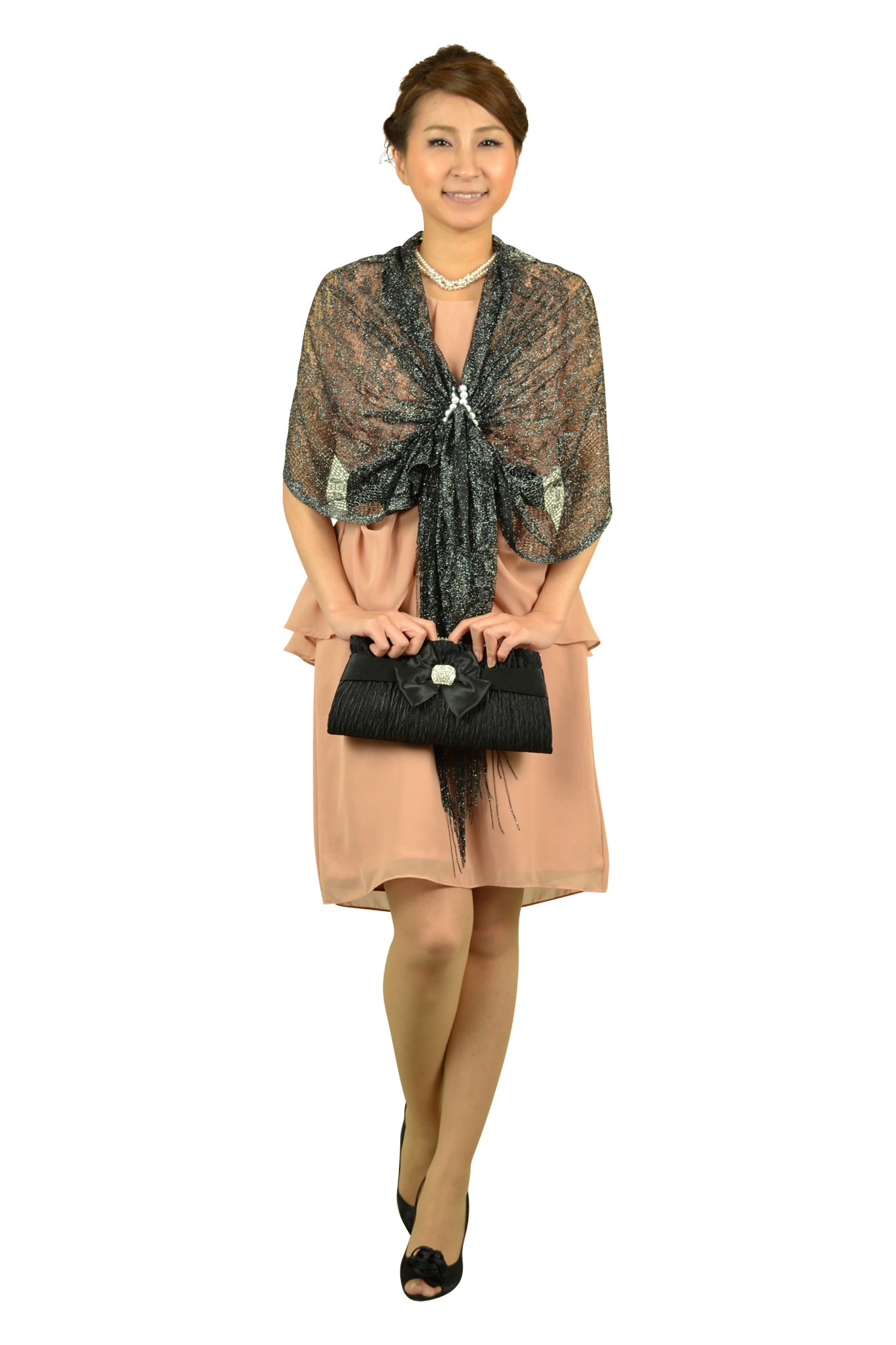 パール留め具付きブラックショール