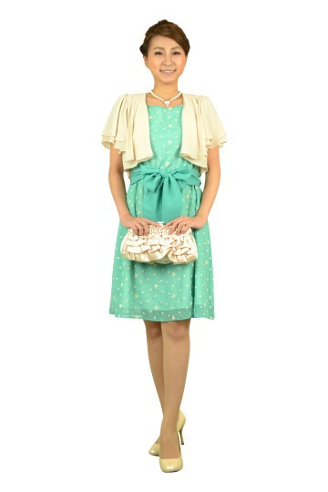 ブルーグリーン刺繍ミニ袖ドレス
