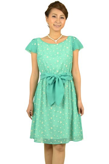 ブルーグリーン刺繍ミニ袖ドレス
