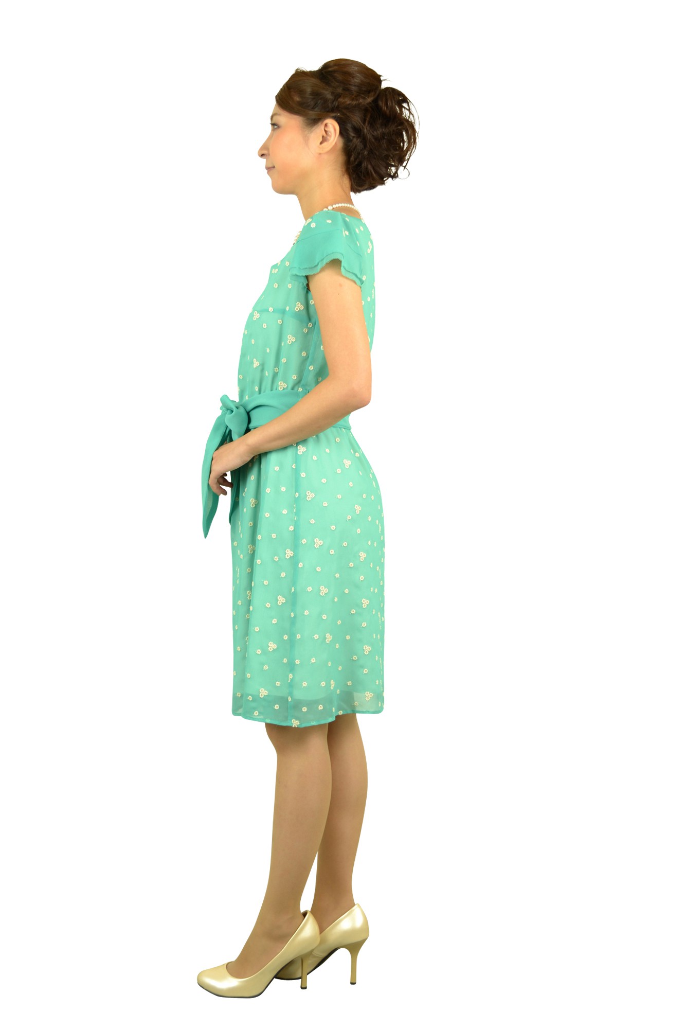 ブルーグリーン刺繍ミニ袖ドレス