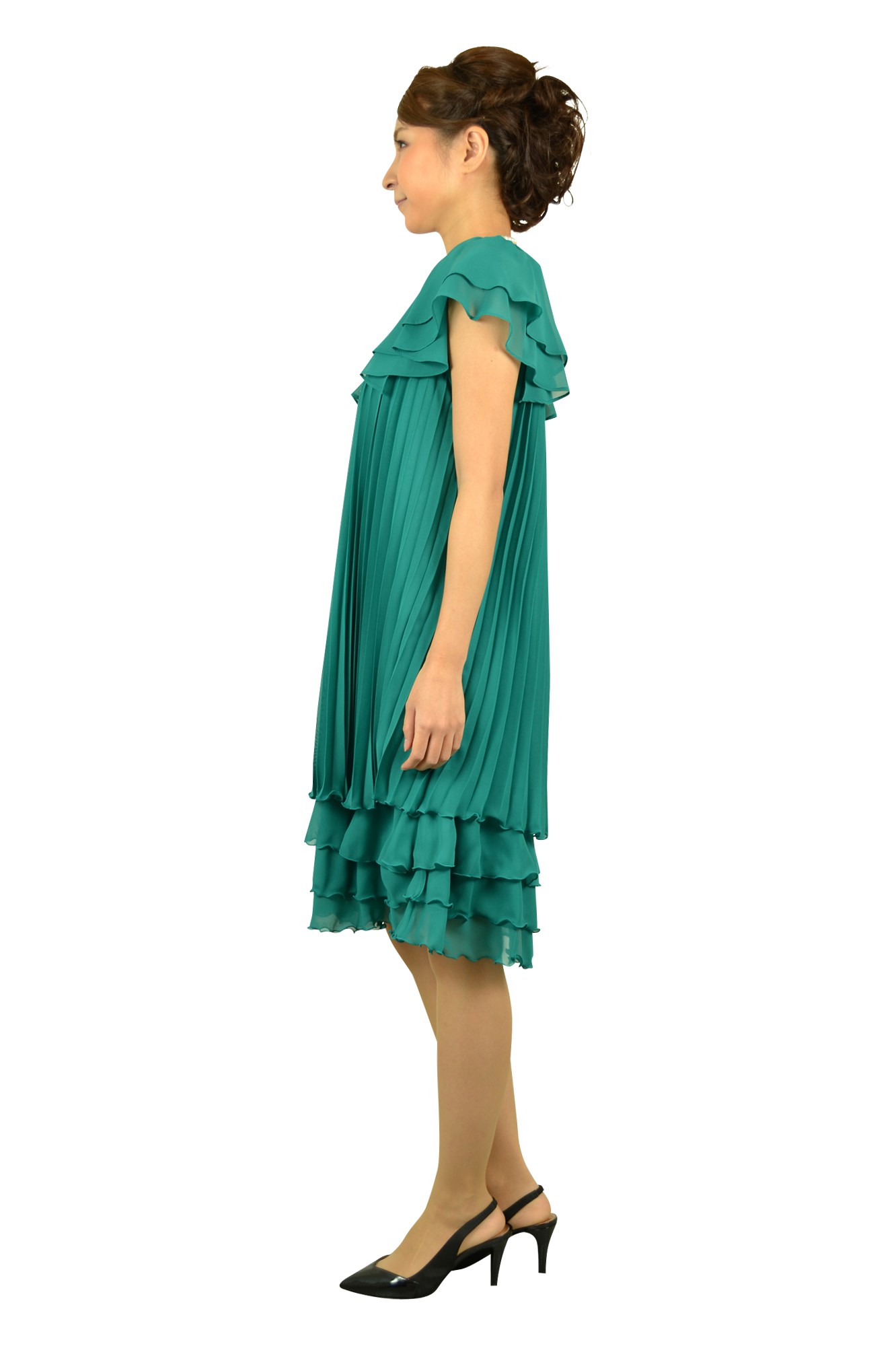 プリーツミニ袖グリーンドレス