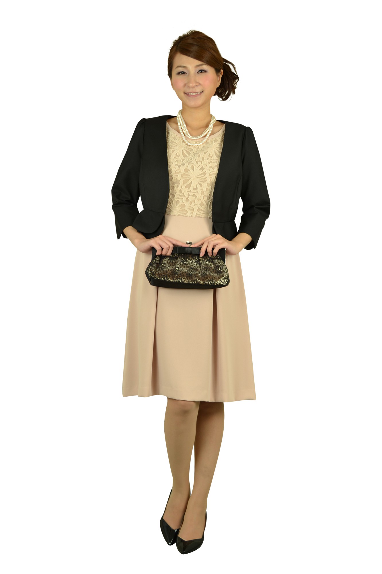 ミニ袖フロッキーベージュドレス