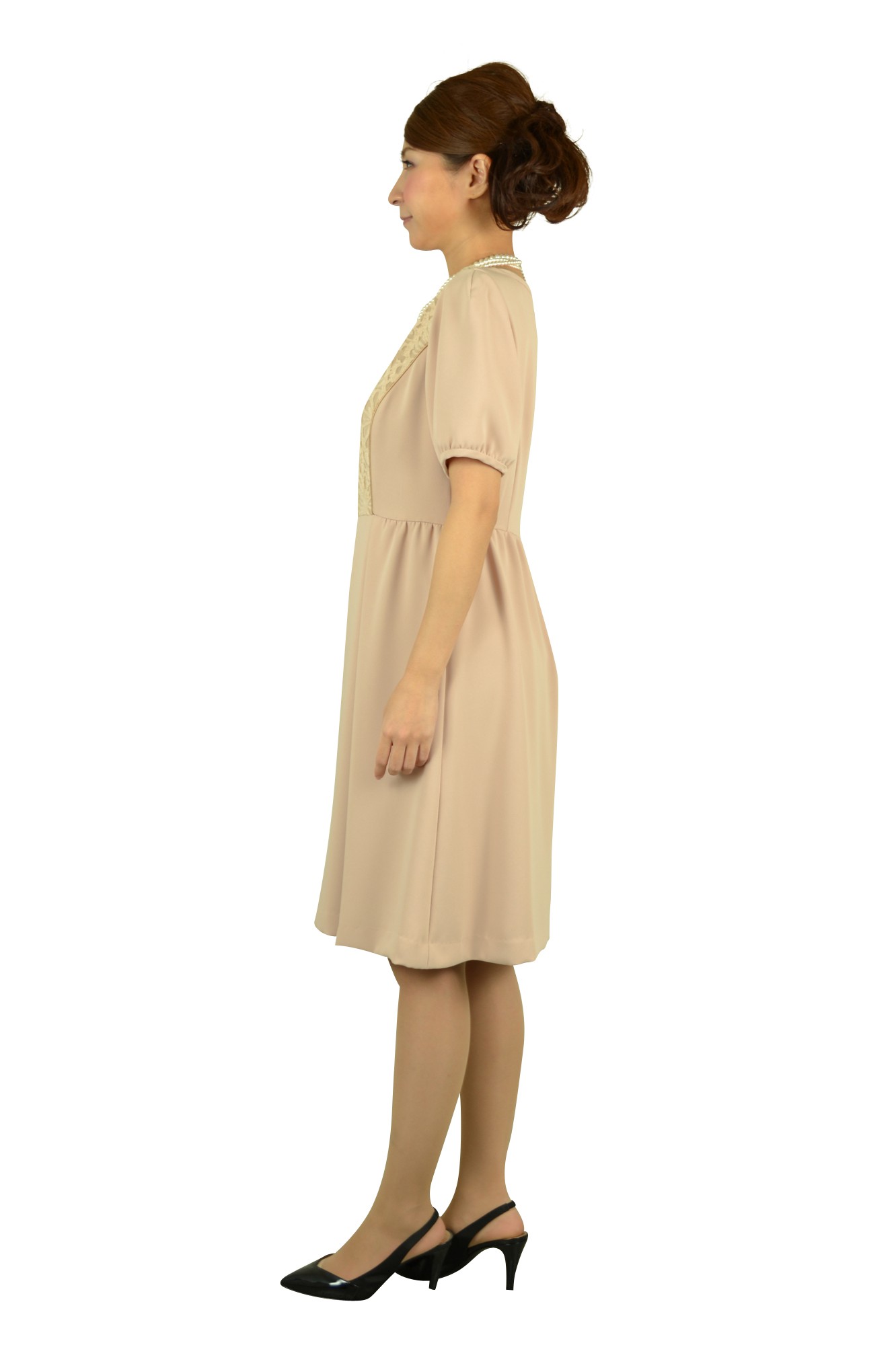 ミニ袖フロッキーベージュドレス