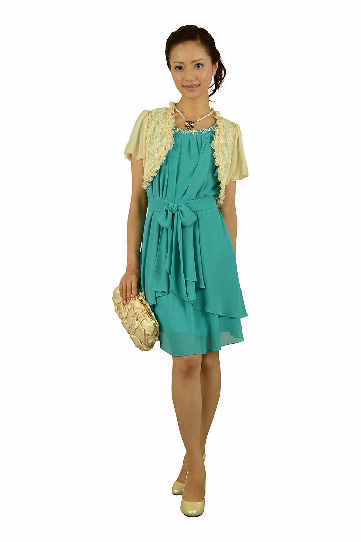 エメラルドグリーンミニ袖ドレス