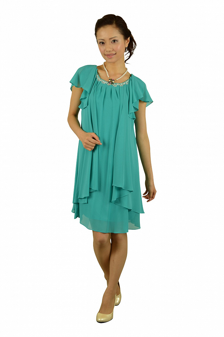 エメラルドグリーンミニ袖ドレス