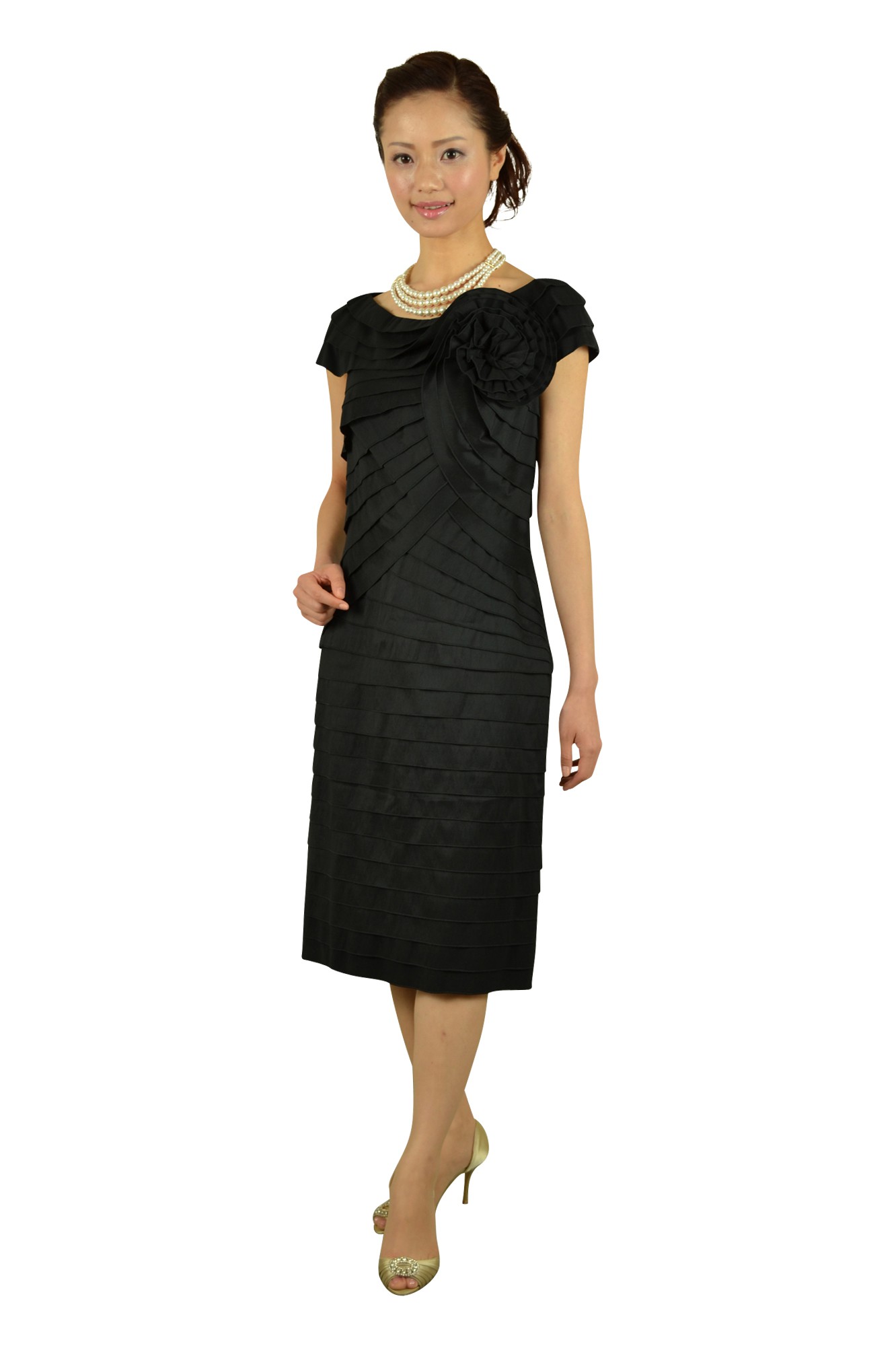 TADASHI SHOJI ブラック パーティードレス S Tadashi Shoji 上質ブラックティアードドレス (L〜LL) をレンタル