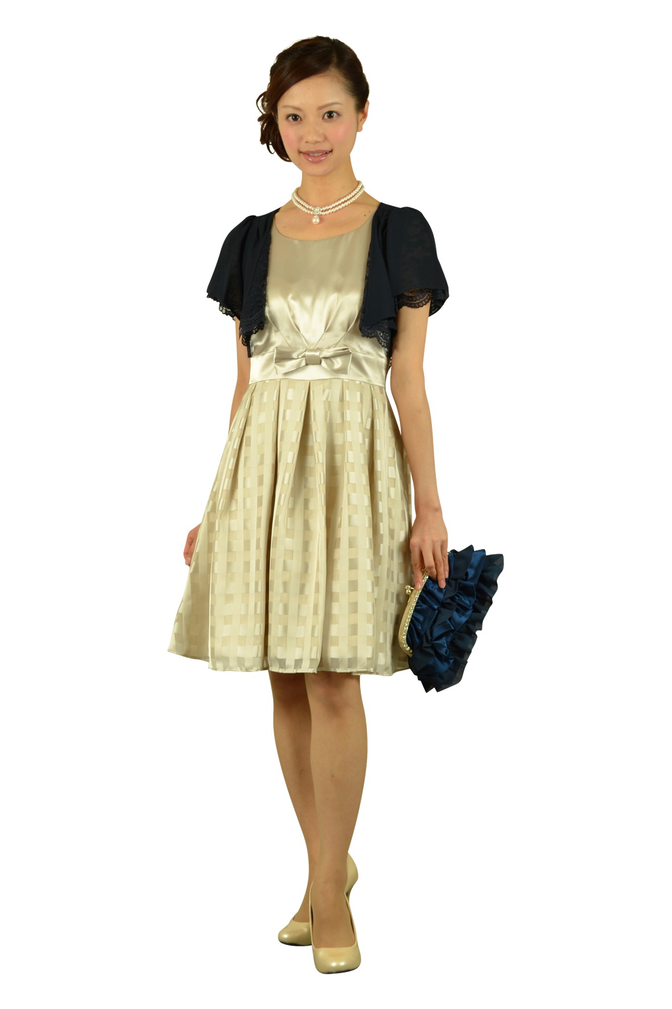 格子フィットアンドフレアベージュドレス