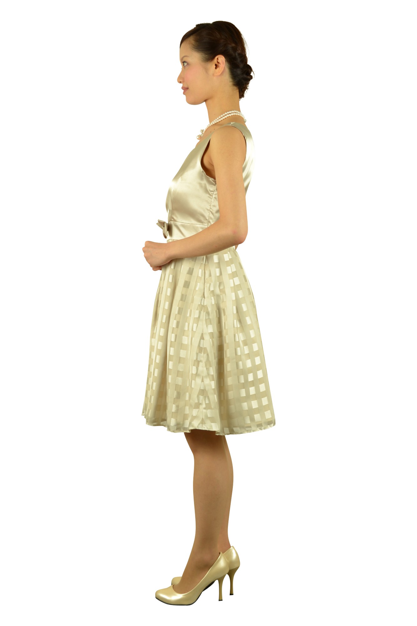 格子フィットアンドフレアベージュドレス