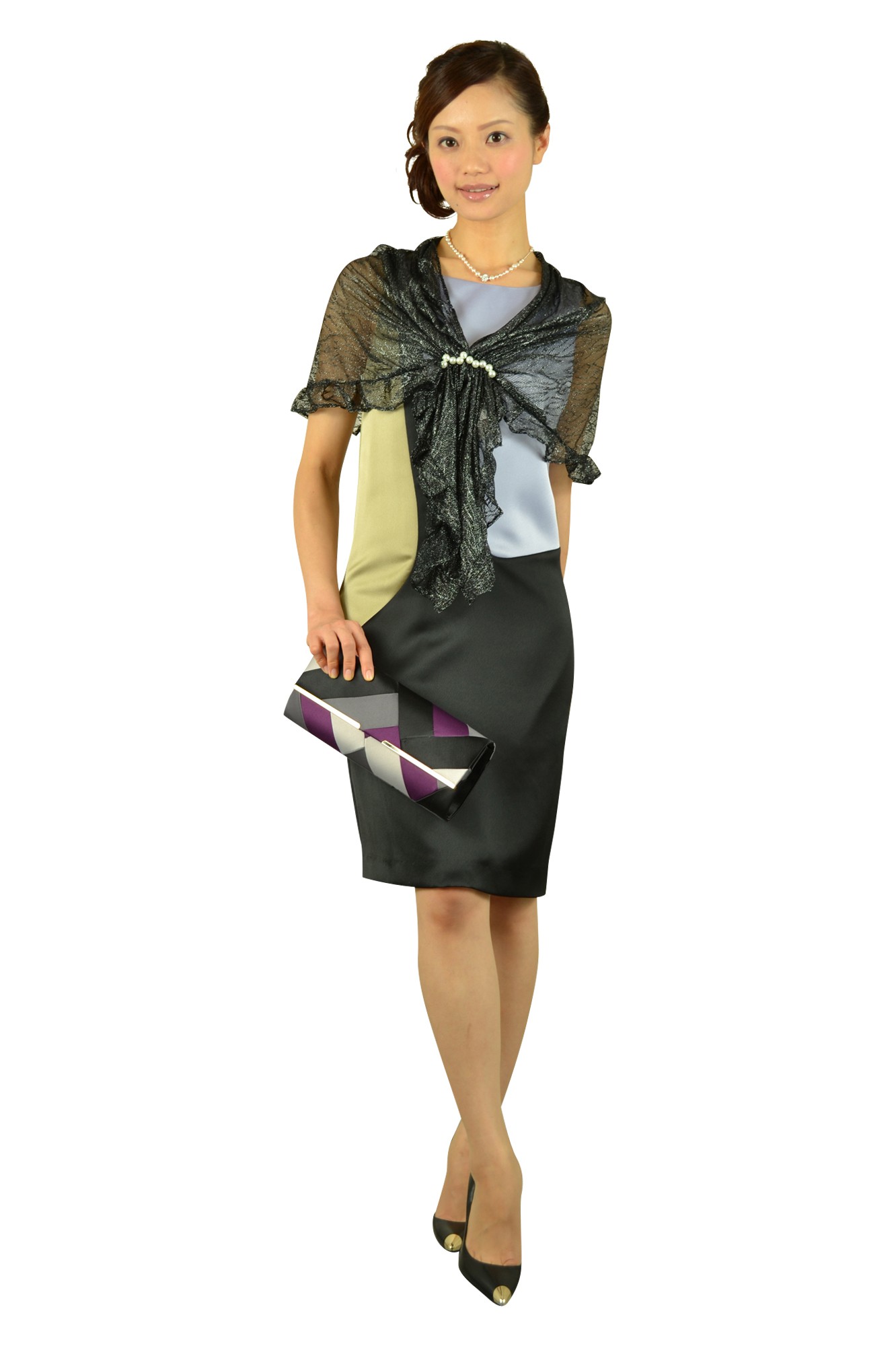 パール留め具付きストレッチゴールドショール