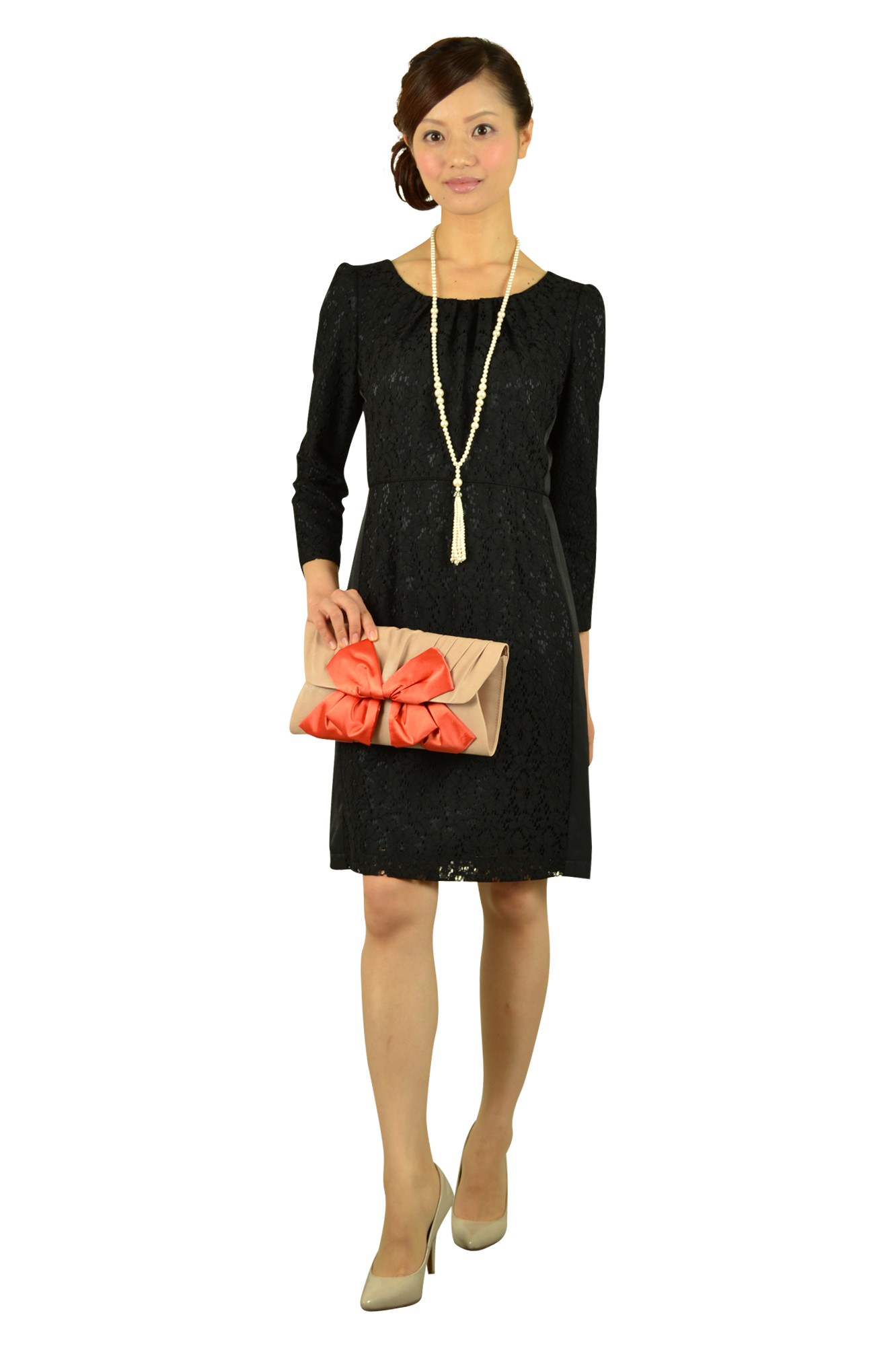 総レース7分袖ブラックドレス