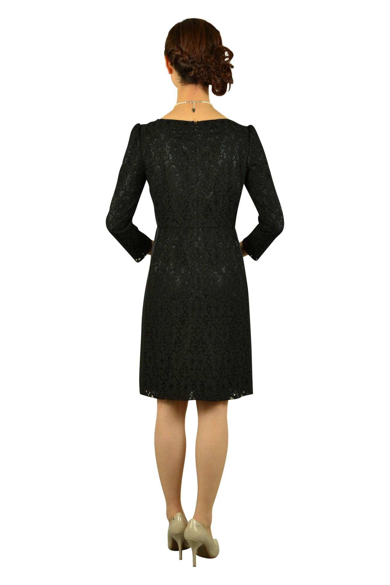 総レース7分袖ブラックドレス