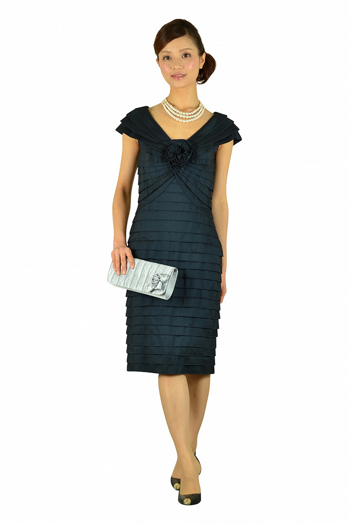 上質ネイビーVネックドレス