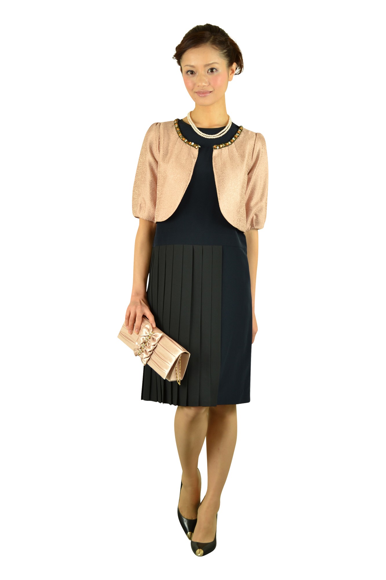 ネイビープリーツアシメドレス