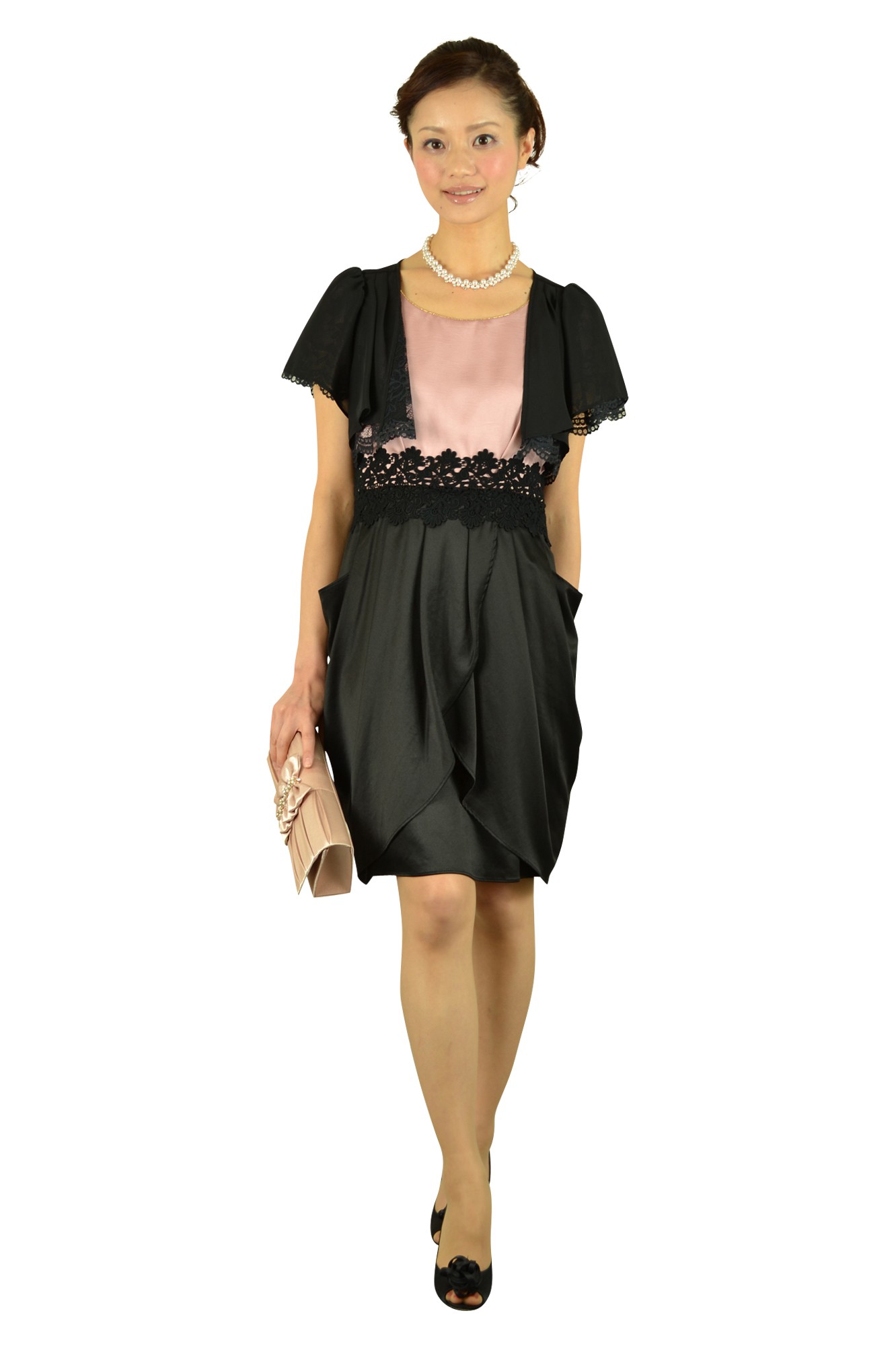 ピンクミニ袖バイカラードレス