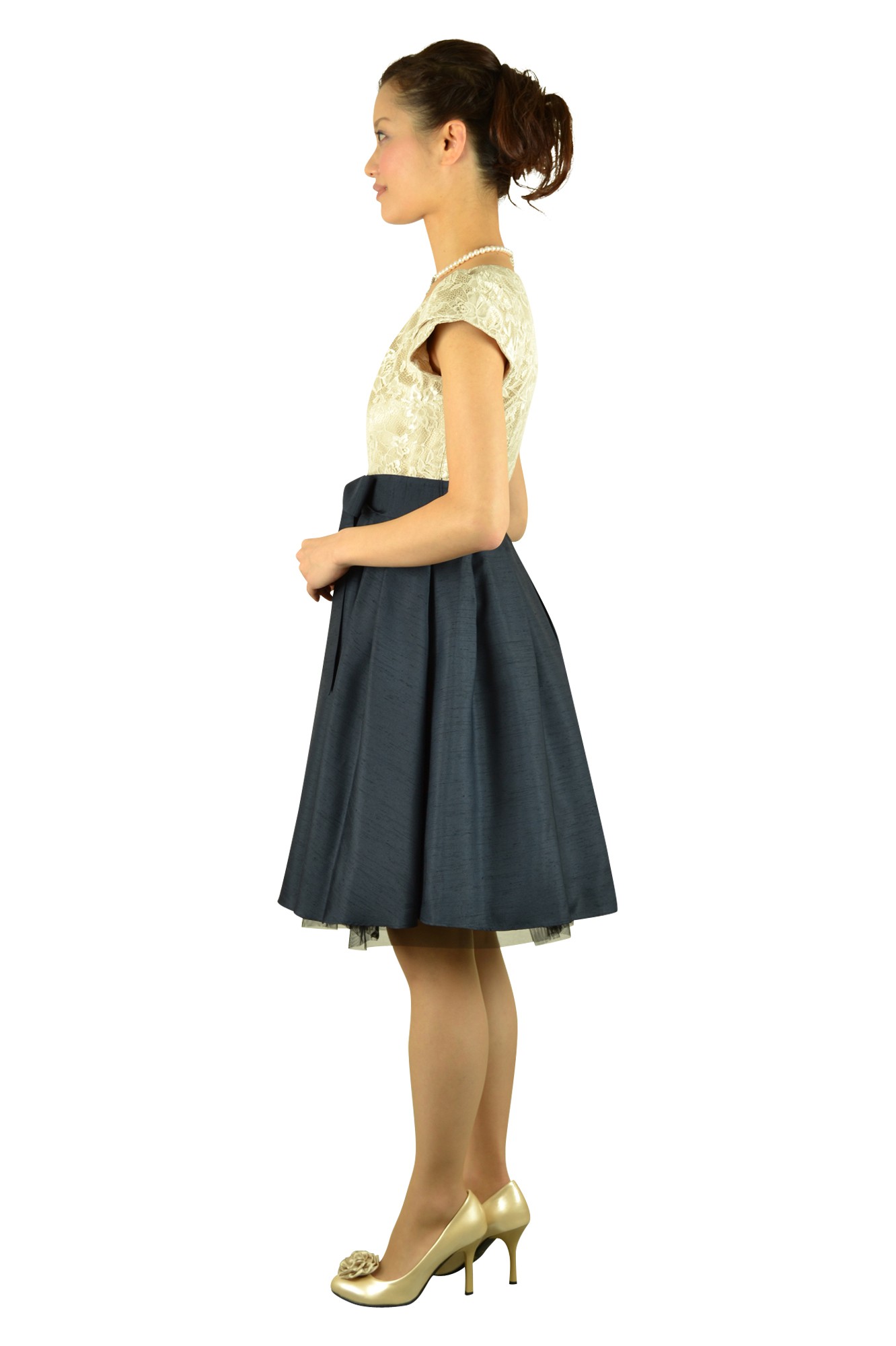 異素材MIXネイビースカートドレス