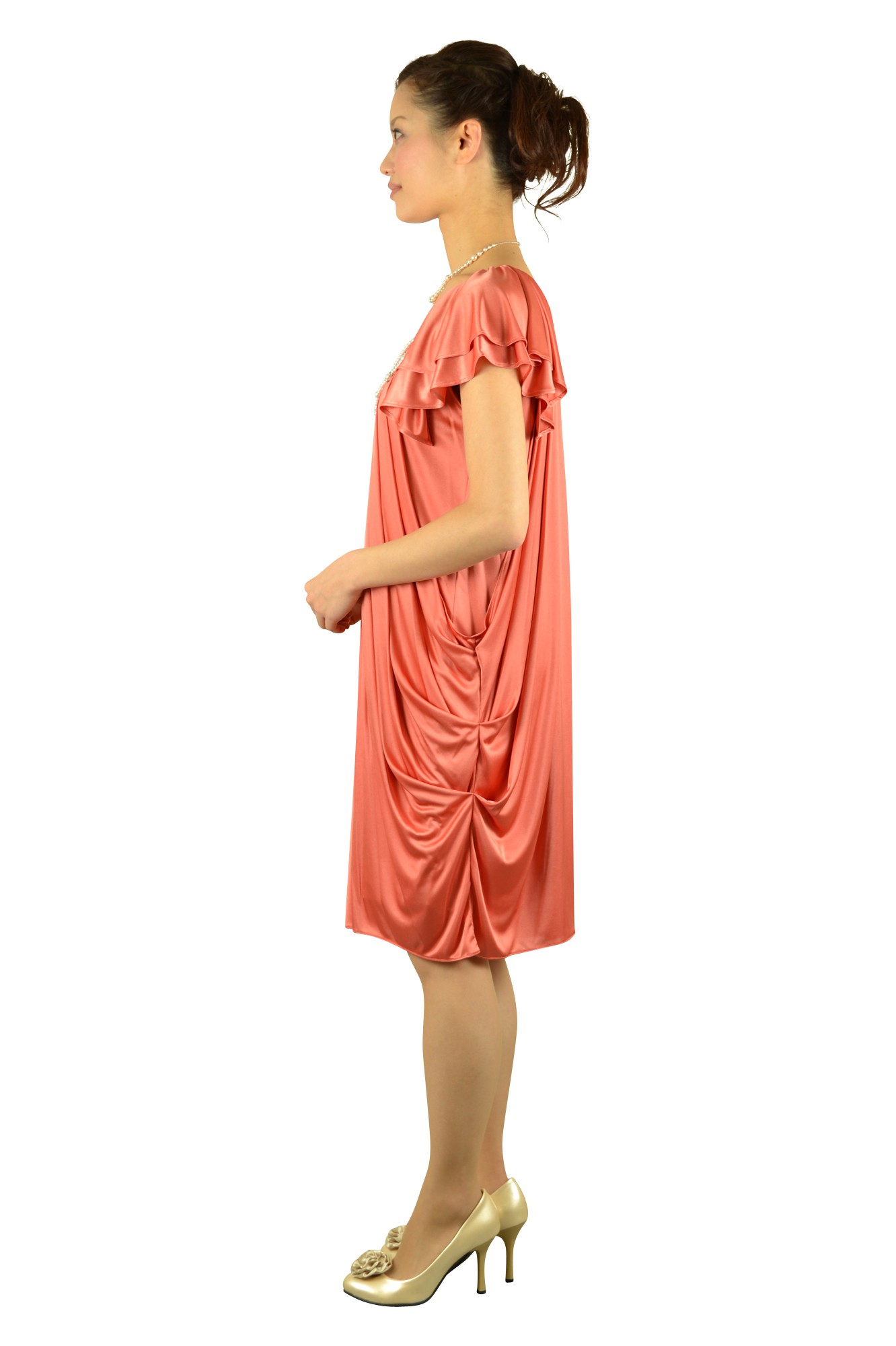 オレンジミニ袖ドレス