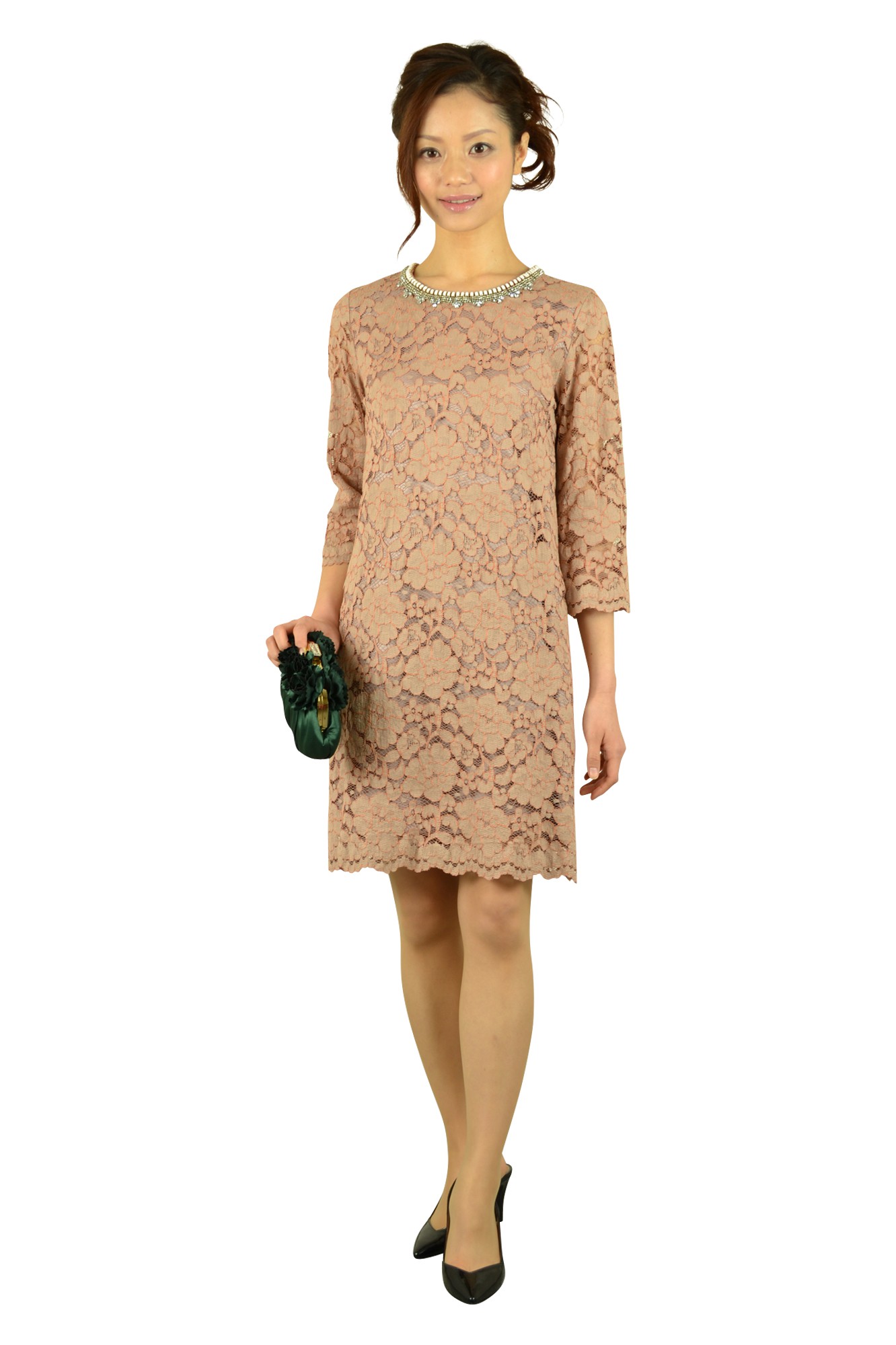 総レース7分袖ベージュドレス
