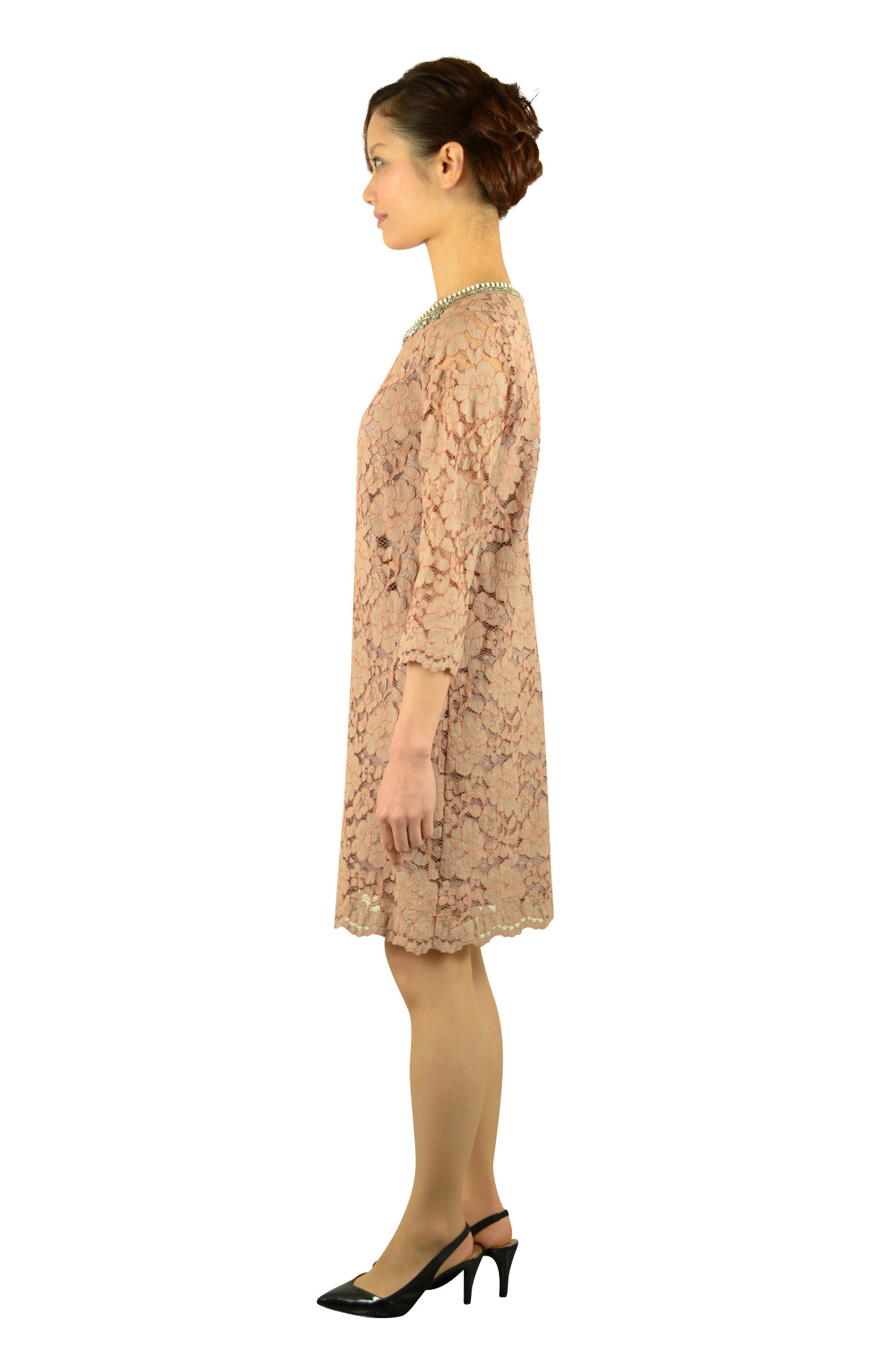 総レース7分袖ベージュドレス