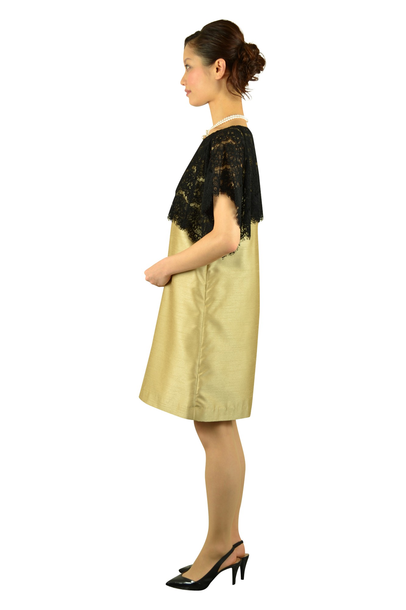 レースシャンパンミニ袖ドレス