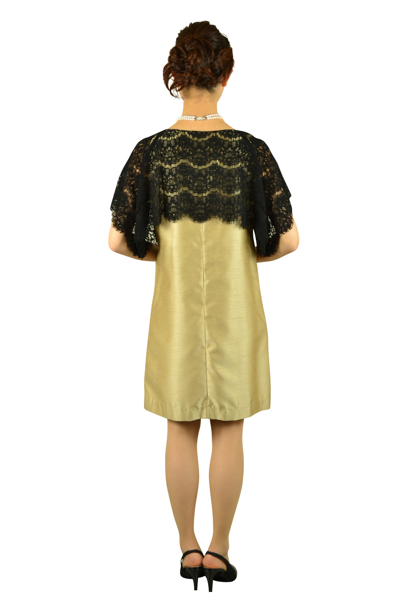 レースシャンパンミニ袖ドレス