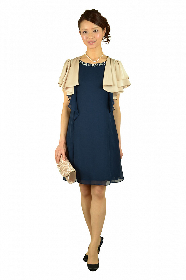 ミニ袖ベルト付ネイビードレス