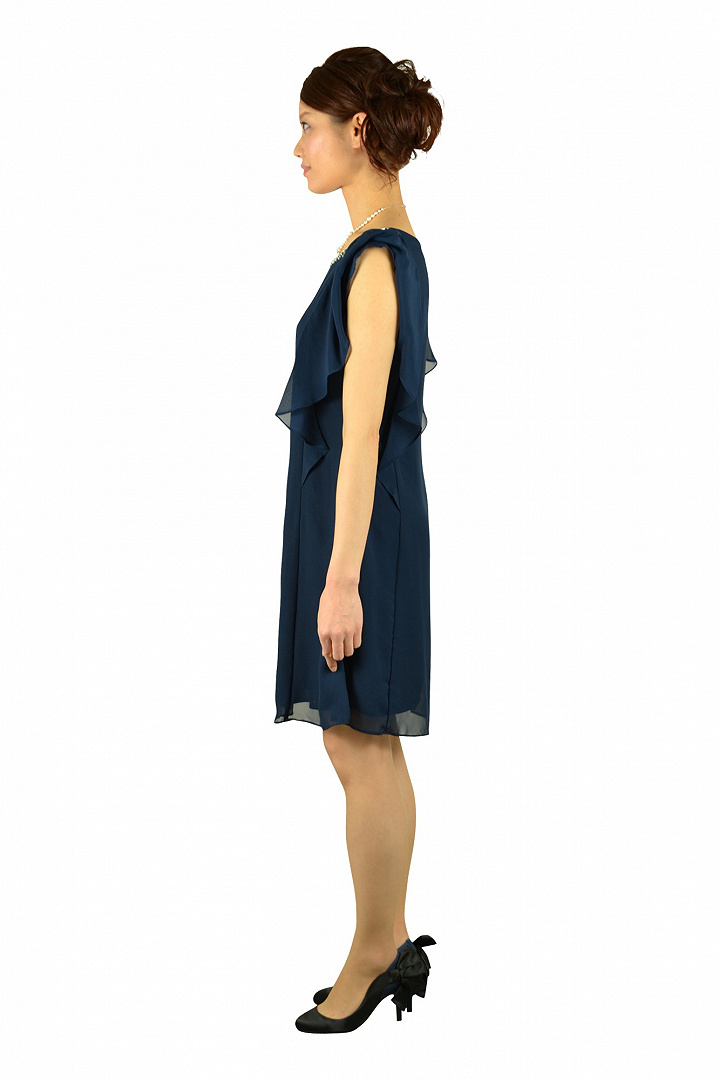 ミニ袖ベルト付ネイビードレス