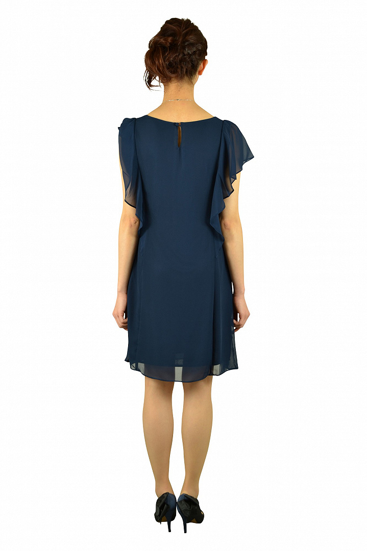 ミニ袖ベルト付ネイビードレス