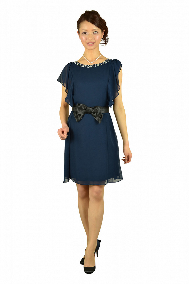 ミニ袖ベルト付ネイビードレス