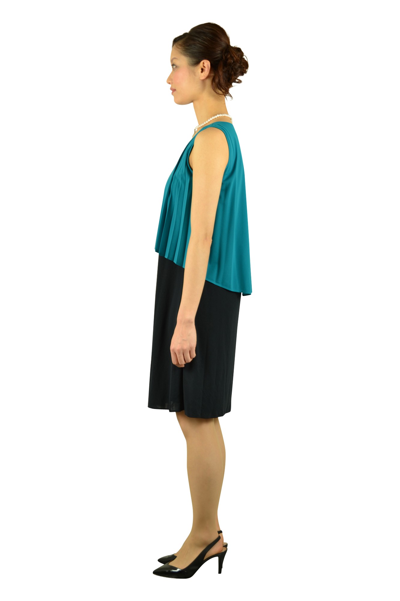 グリーンプリーツバイカラードレス