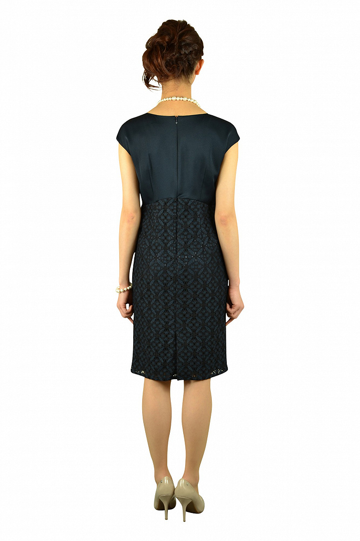 サテン×レース切り替えネイビードレス