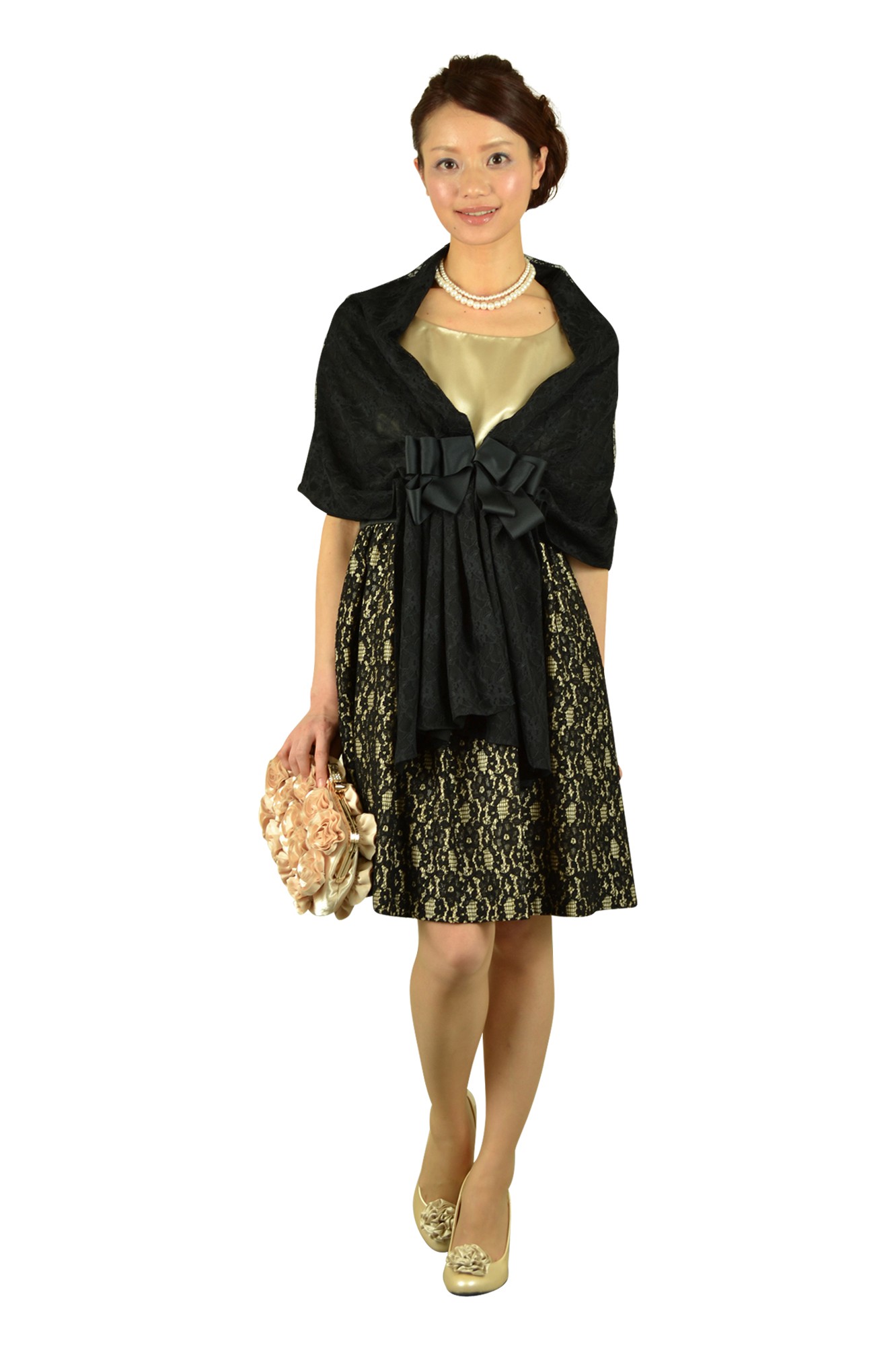 ミニ袖シャンパンレースドレス