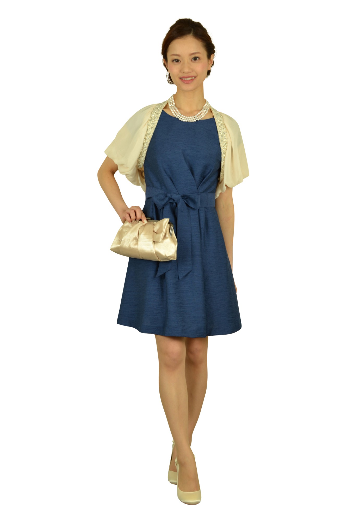 ネイビーシャンタンミニ袖ドレス