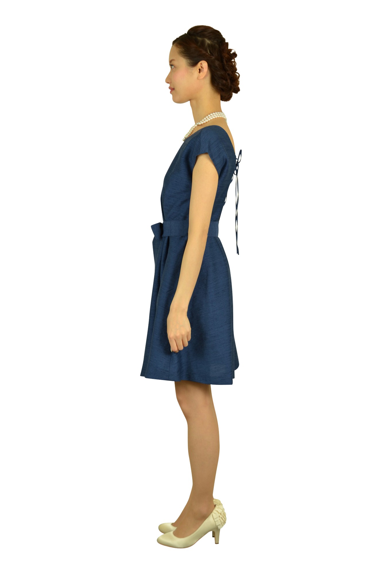 ネイビーシャンタンミニ袖ドレス