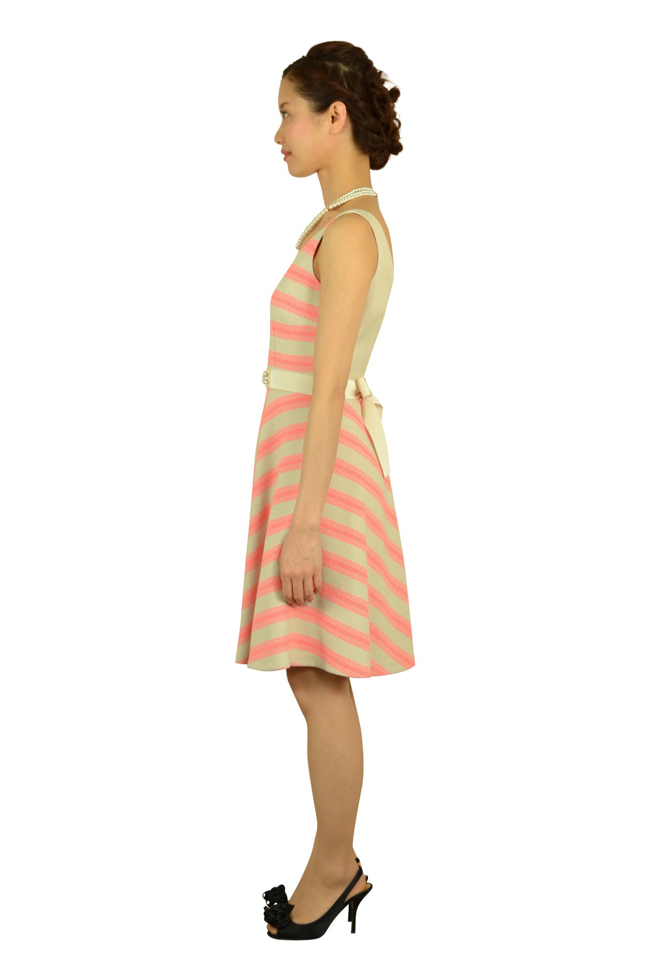 ベージュ×ピンクフレアドレス