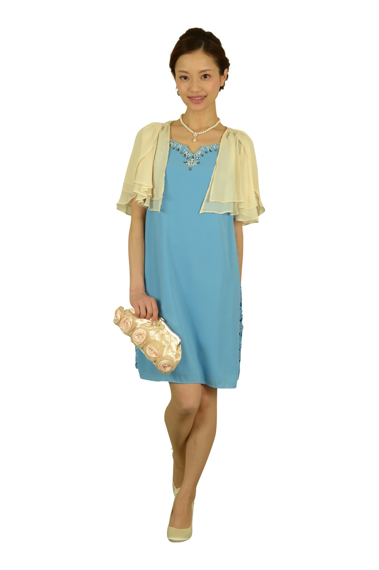 胸元ビジュミルキーブルードレス