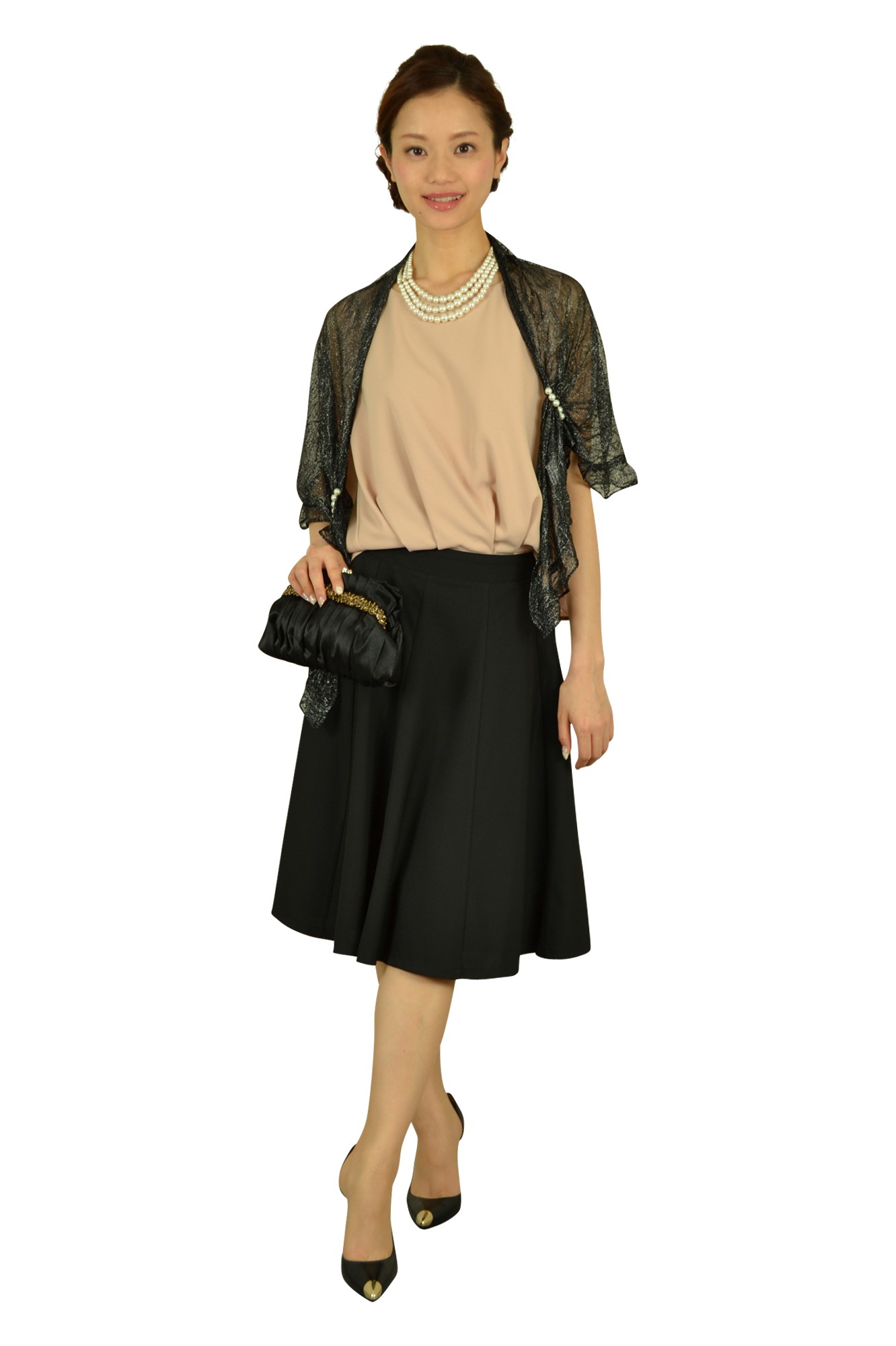 パール留め具付きストレッチブラックショール